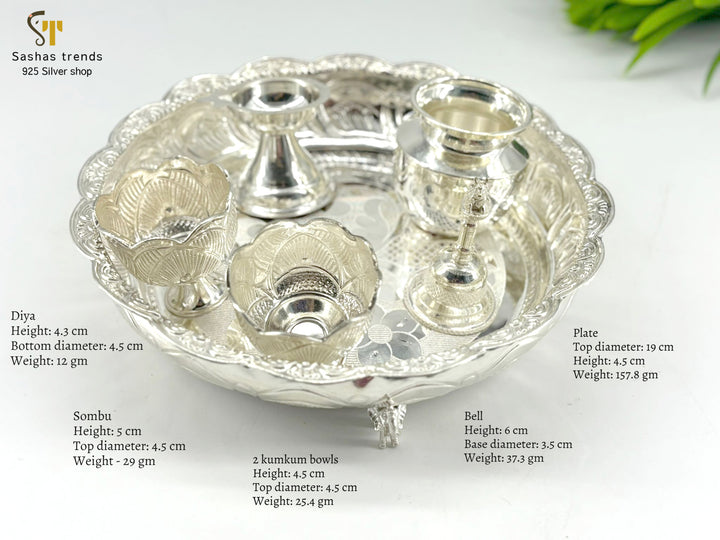 Silver Pooja Thali Set-925 silver-(Diya, Sombu, Kumkum bowl, Bell, Plate)