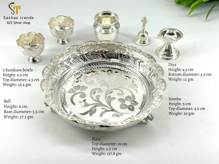 Silver Pooja Thali Set-925 silver-(Diya, Sombu, Kumkum bowl, Bell, Plate)