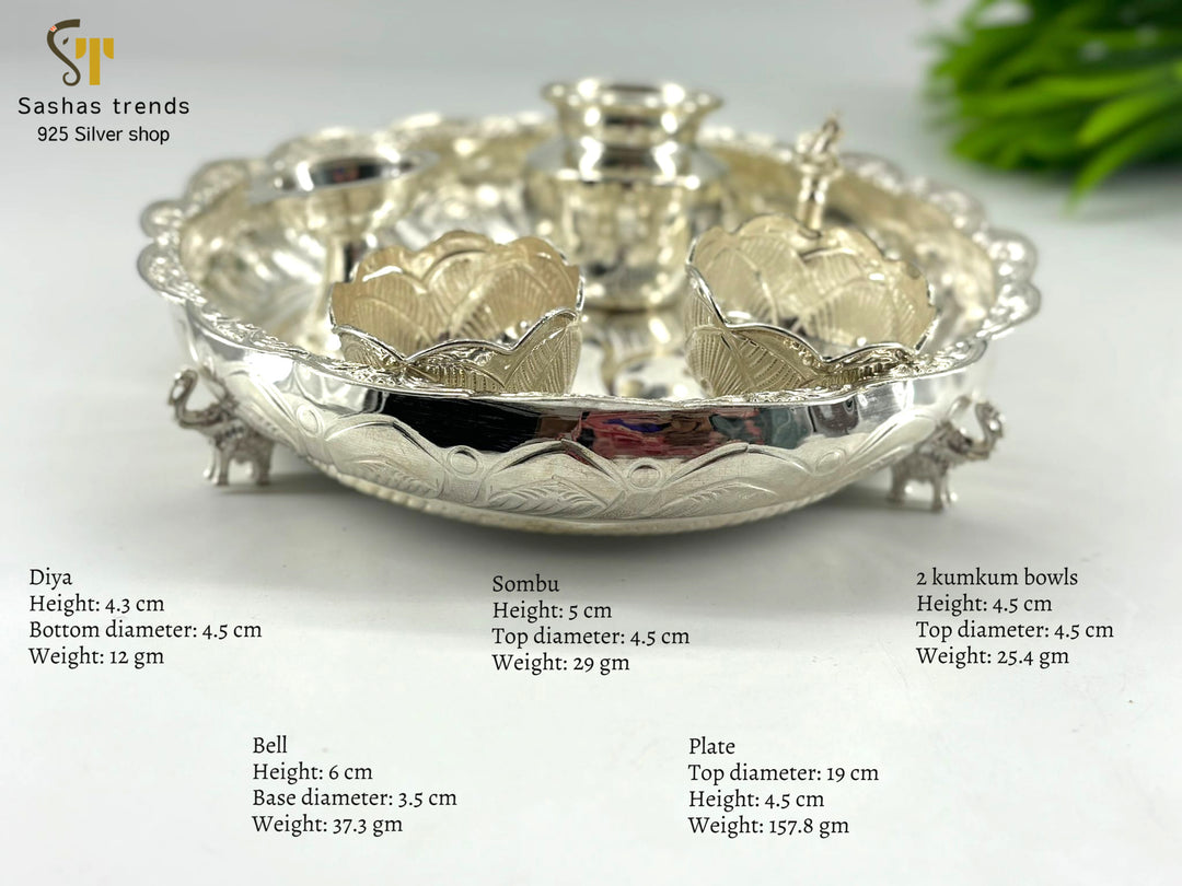 Silver Pooja Thali Set-925 silver-(Diya, Sombu, Kumkum bowl, Bell, Plate)