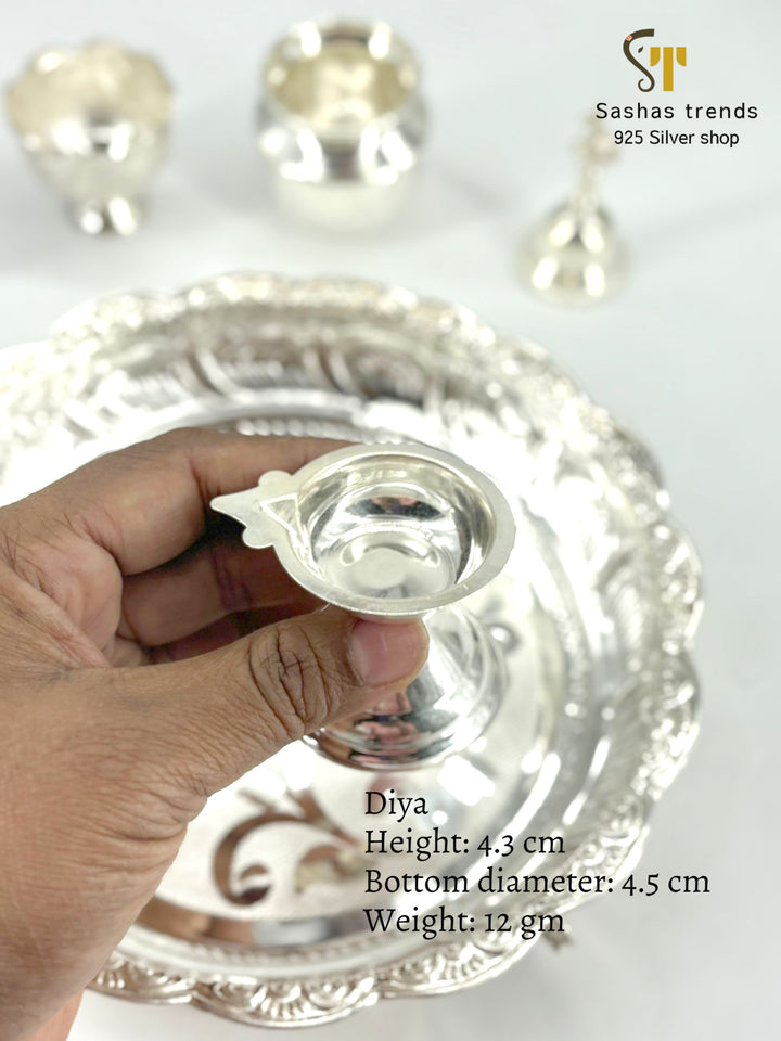 Silver Pooja Thali Set-925 silver-(Diya, Sombu, Kumkum bowl, Bell, Plate)