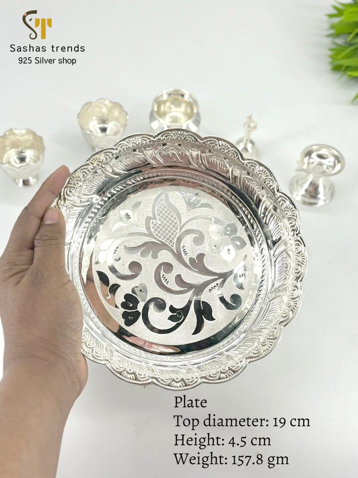 Silver Pooja Thali Set-925 silver-(Diya, Sombu, Kumkum bowl, Bell, Plate)