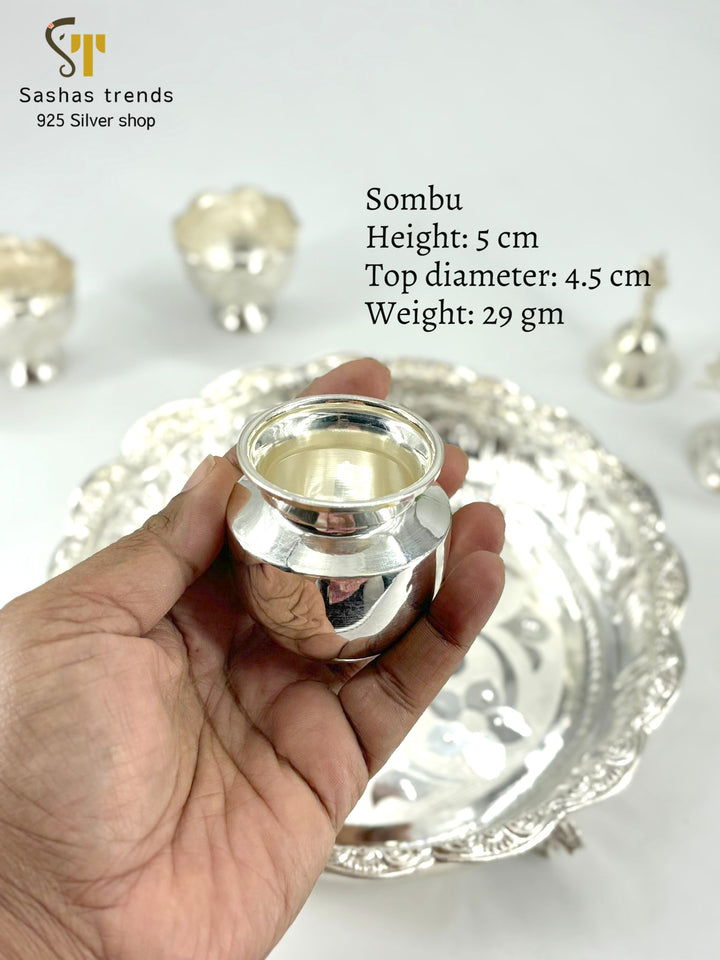 Silver Pooja Thali Set-925 silver-(Diya, Sombu, Kumkum bowl, Bell, Plate)