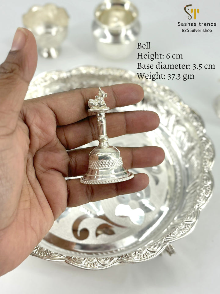 Silver Pooja Thali Set-925 silver-(Diya, Sombu, Kumkum bowl, Bell, Plate)