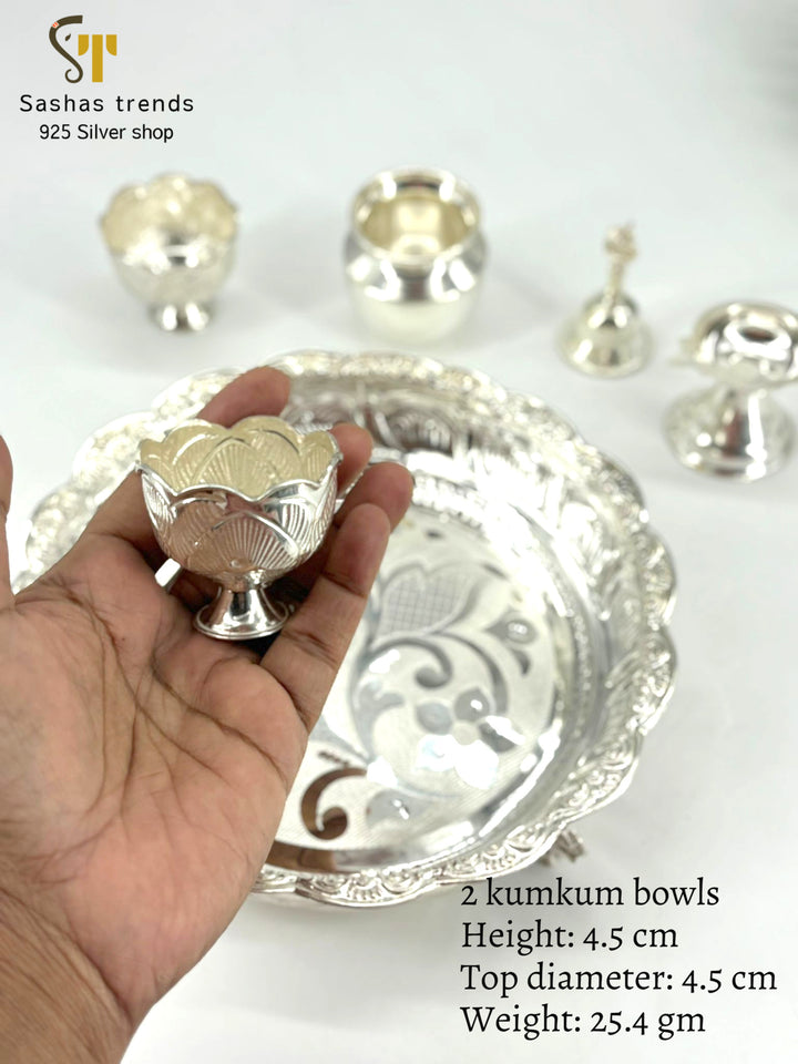 Silver Pooja Thali Set-925 silver-(Diya, Sombu, Kumkum bowl, Bell, Plate)