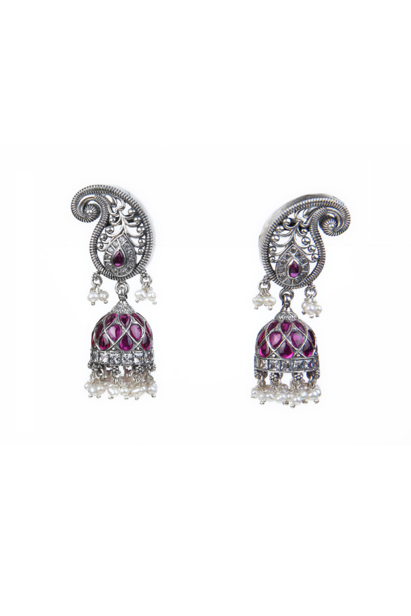 Pair of silver earrings with pink gemstones