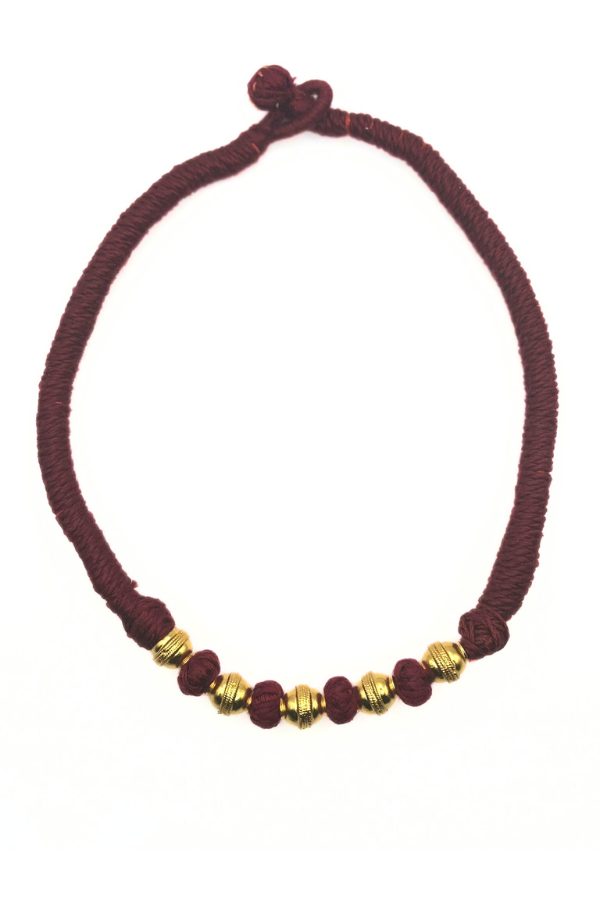 Maroon cord necklace with gold beads