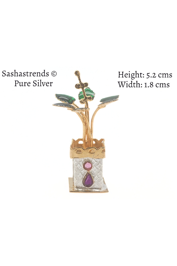 Tulasi plant with beautiful enamel -pure silver gift items- pooja items for home, return gift for navarathri,wedding & housewarming