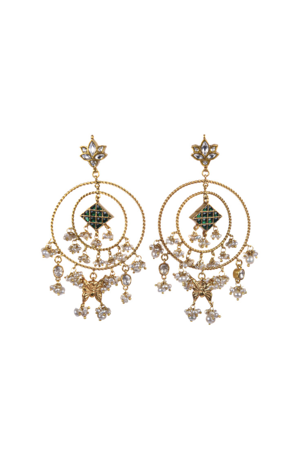 Ornate silver gold plated earrings with green gemstones