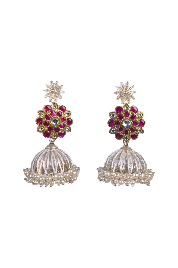 Pair of silver and red gemstone earrings