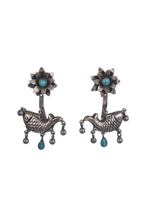 Pair of silver earrings with fish and floral designs and turquoise stones