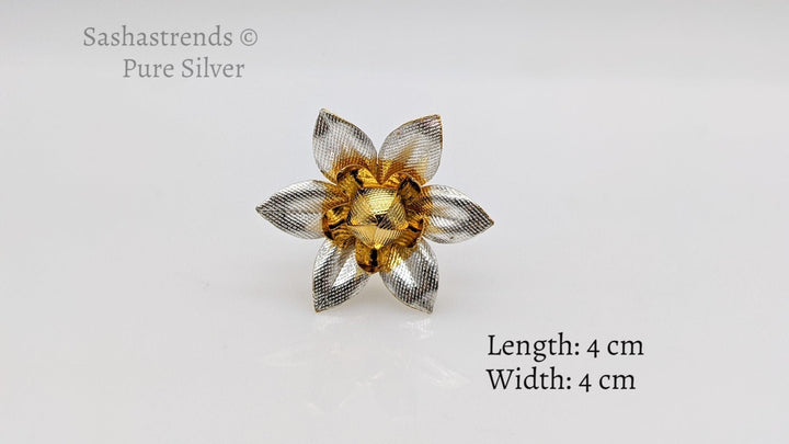 925 Silver pooja flower- gold and silver polish flower with bud - Pooja Items for Home, Return Gift for Navarathri, Wedding, &amp; Housewarming