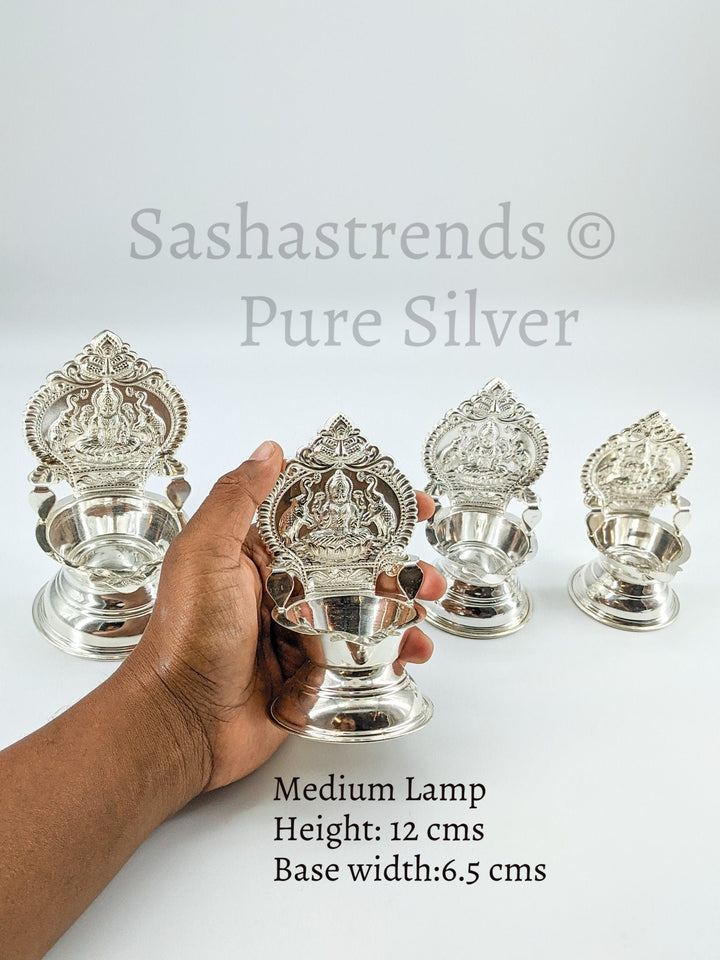 925 silver Kamakshi lamp/villakku height 10cm/11cm/12cm/13cms -pure silver gift items- return gift for navarathri, wedding & housewarming