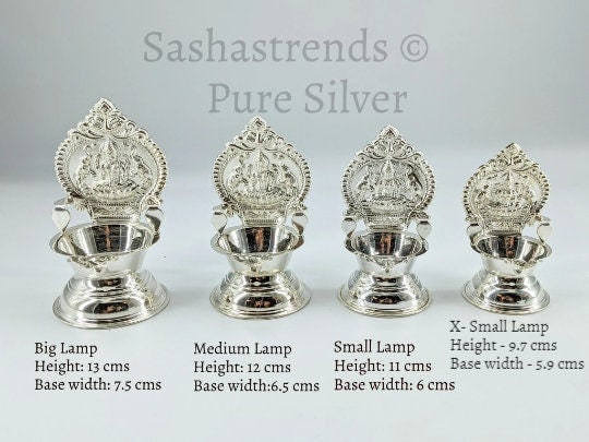 925 silver Kamakshi lamp/villakku height 10cm/11cm/12cm/13cms -pure silver gift items- return gift for navarathri, wedding & housewarming