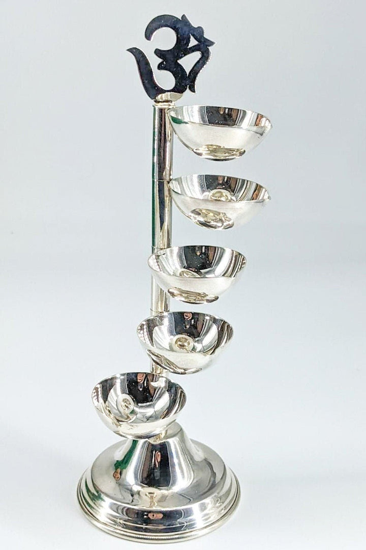 Pure silver 5 layered om diya- pure silver gift items- silver pooja items for home, return gift for navarathri, wedding & housewarming