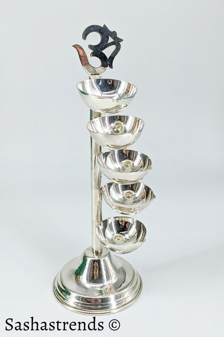Pure silver 5 layered om diya- pure silver gift items- silver pooja items for home, return gift for navarathri, wedding & housewarming