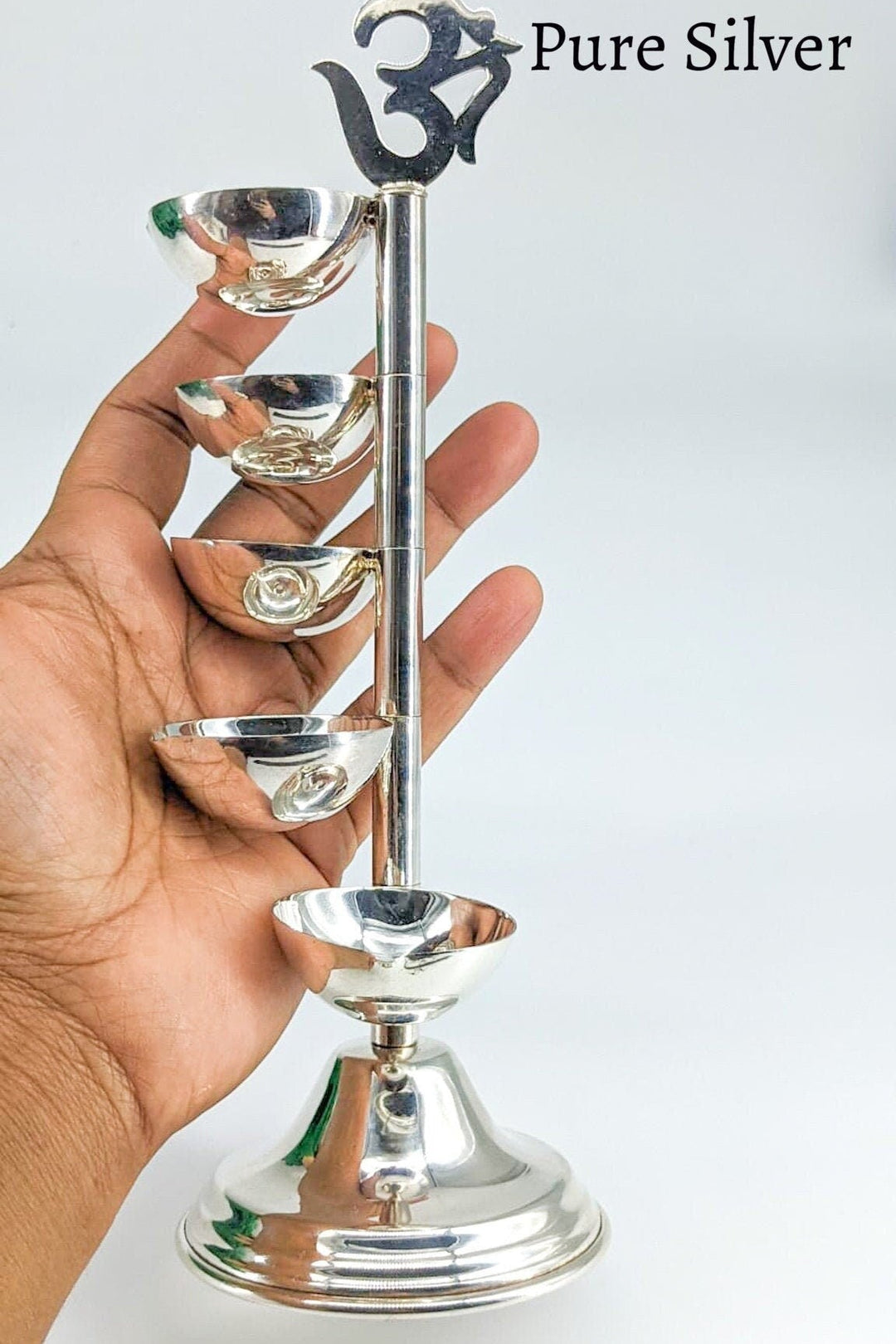 Pure silver 5 layered om diya- pure silver gift items- silver pooja items for home, return gift for navarathri, wedding & housewarming