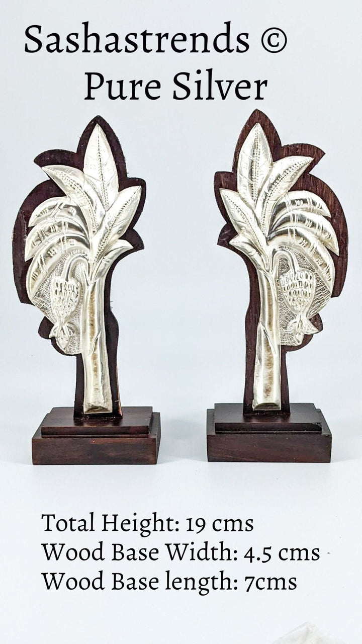 Pure silver banana tree decor stuck on a wooden base - pure silver gift items- silver return gift for navarathri, wedding and housewarming