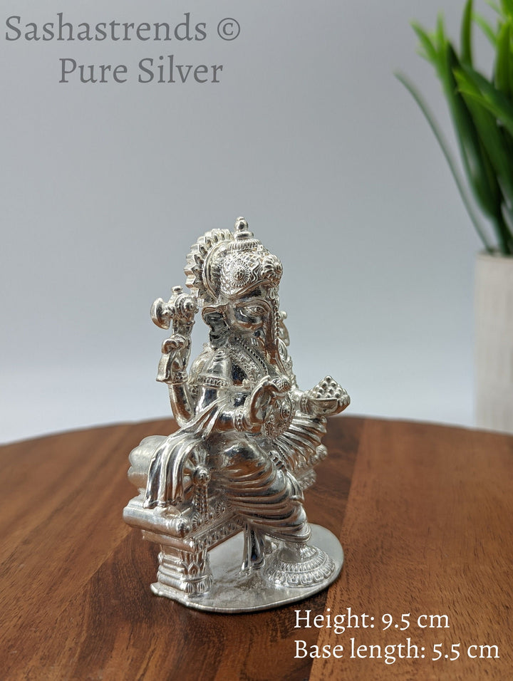 Pure silver statue - 925 silver solid Ganesha idol seated on Peeta- 925 silver gift items - silver return gift for Navratri & housewarming