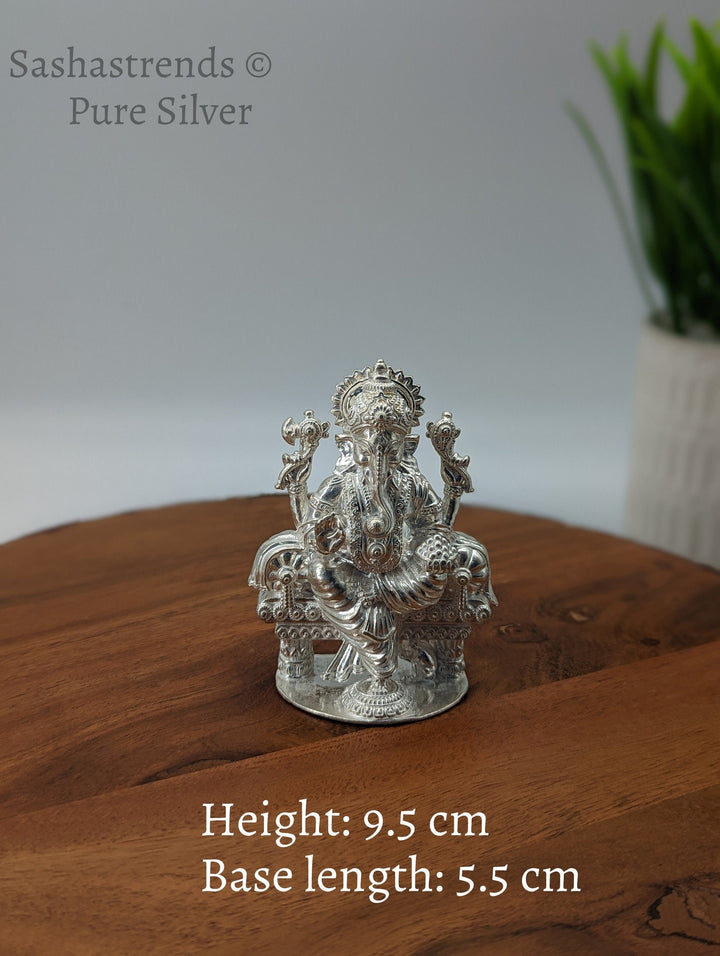 Pure silver statue - 925 silver solid Ganesha idol seated on Peeta- 925 silver gift items - silver return gift for Navratri & housewarming