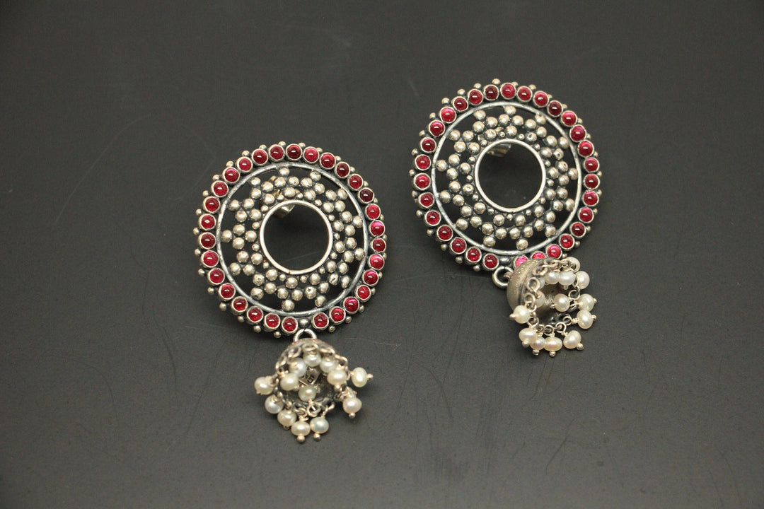 Ruby Wreath Jhumka - 925 oxidized silver