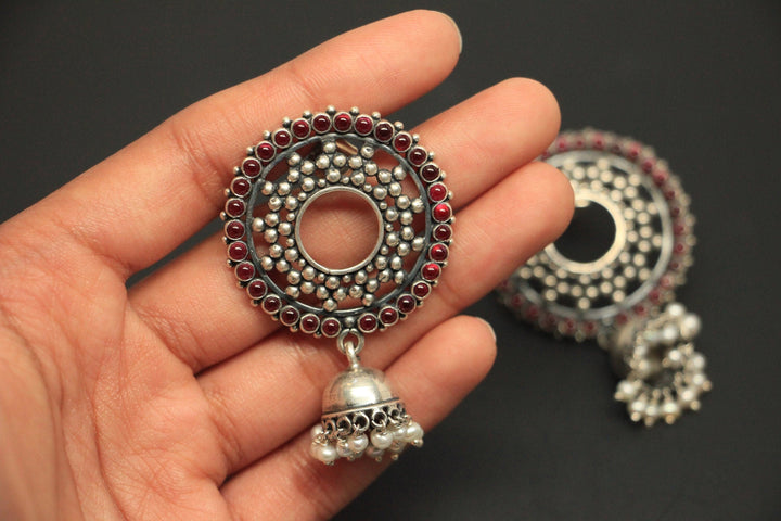 Ruby Wreath Jhumka - 925 oxidized silver