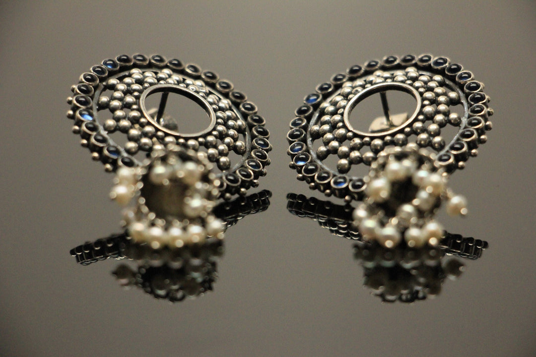 Saksi Blue Emerald Wreath Jhumka - 925 oxidized silver
