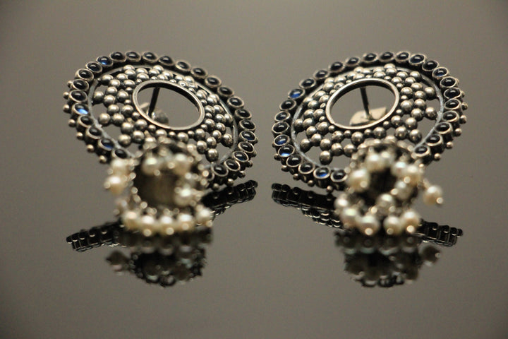 Saksi Blue Emerald Wreath Jhumka - 925 oxidized silver