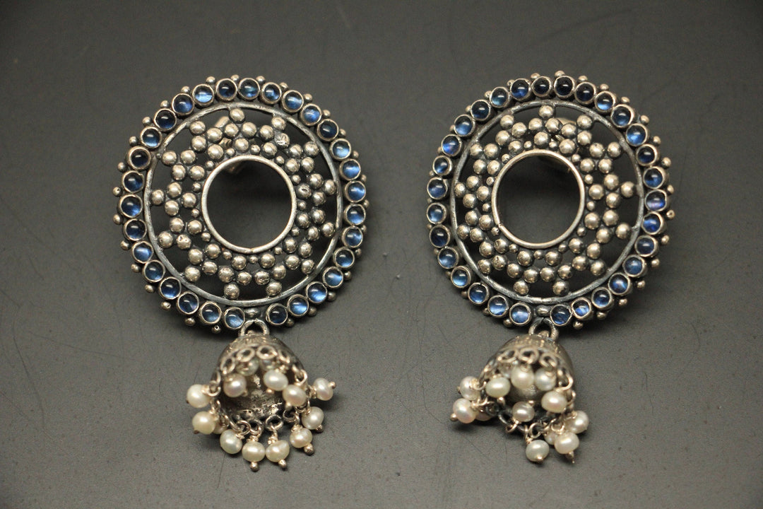 Saksi Blue Emerald Wreath Jhumka - 925 oxidized silver