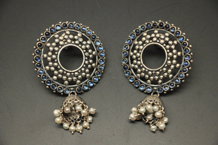 Saksi Blue Emerald Wreath Jhumka - 925 oxidized silver