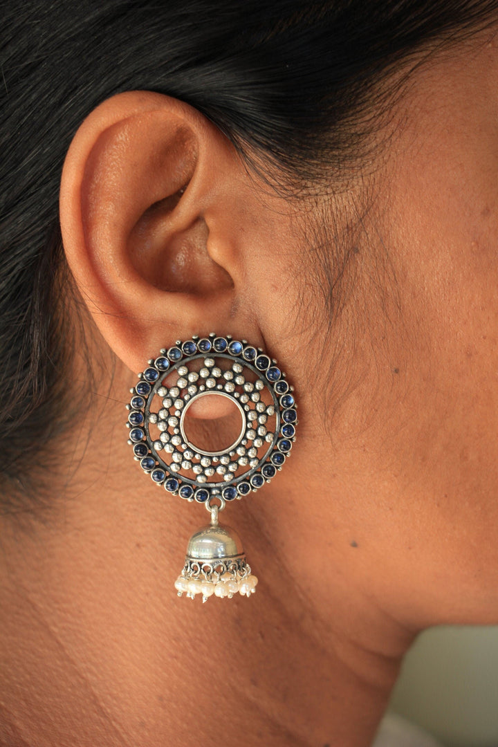 Saksi Blue Emerald Wreath Jhumka - 925 oxidized silver