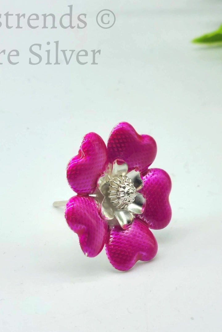 Silver flower- pink enamel flower -Silver Pooja Items for Home, Return Gift for Navarathri, Wedding, & Housewarming