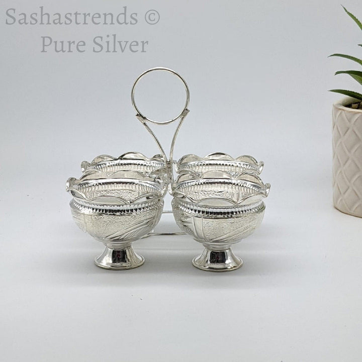 Silver four in one kumkum holder- silver haldi /chandan holder- silver gift items- silver pooja items, return gift for navarathri wedding & housewarming