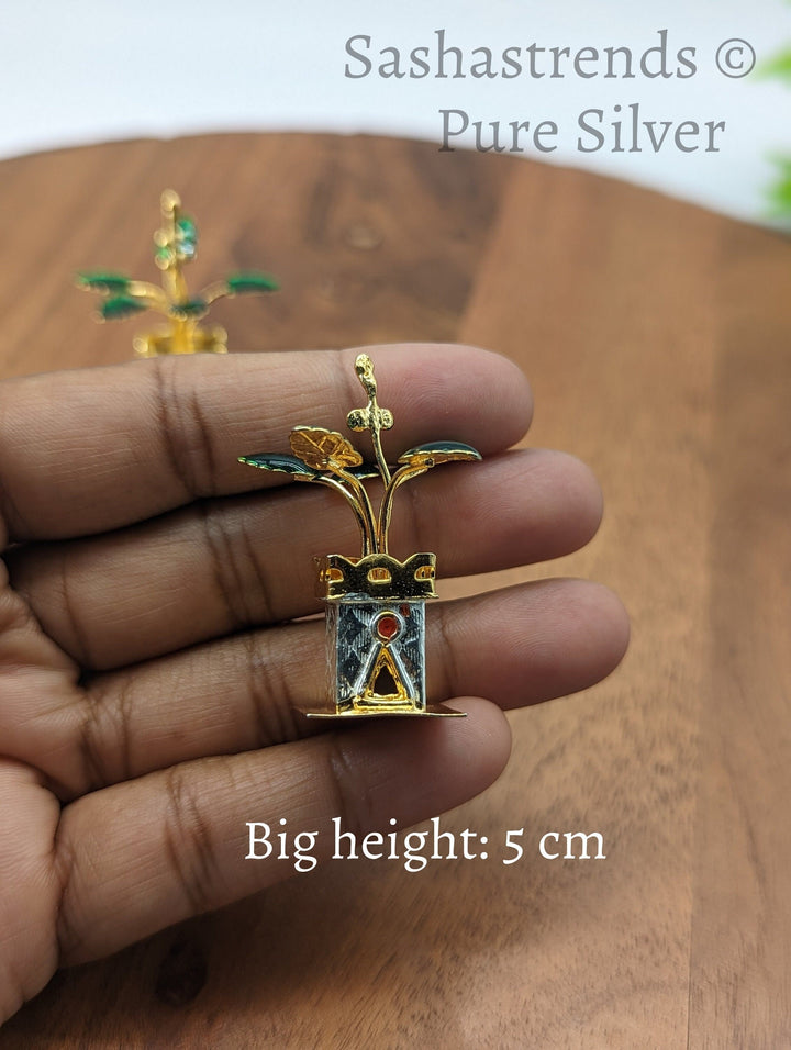 Tulasi plant with enamel - pure silver gift items- pooja items for home, return gift for navarathri,wedding and housewarming