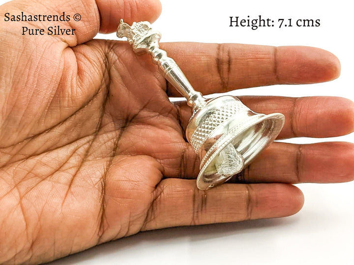 Silver bell for pooja with nandi handle - silver gift items- silver pooja items for home, return gift for navarathri, wedding & housewarming