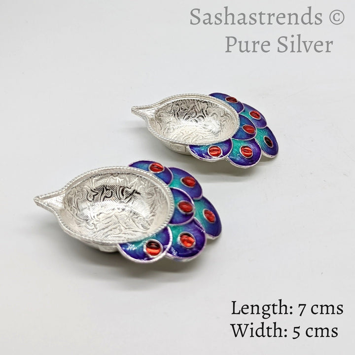 Pure silver diya - 925 silver Peacock style diya- 925 silver gift items - silver return gift for Navratri & housewarming