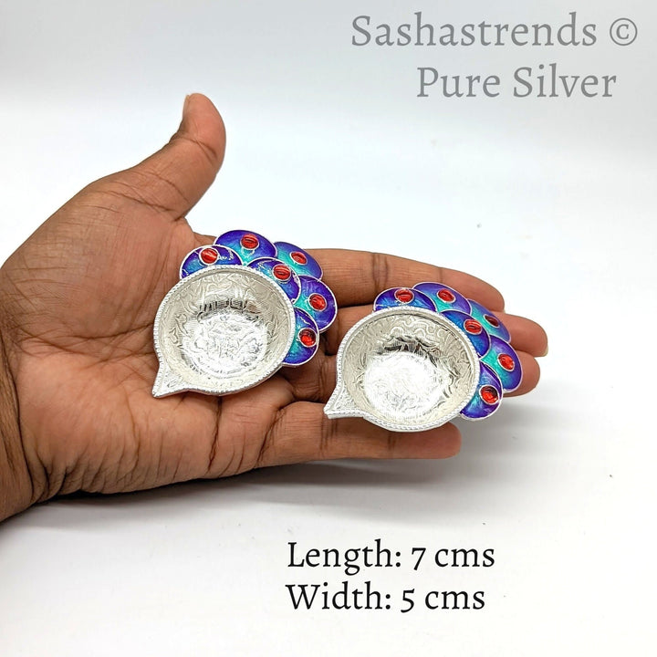 Pure silver diya - 925 silver Peacock style diya- 925 silver gift items - silver return gift for Navratri & housewarming