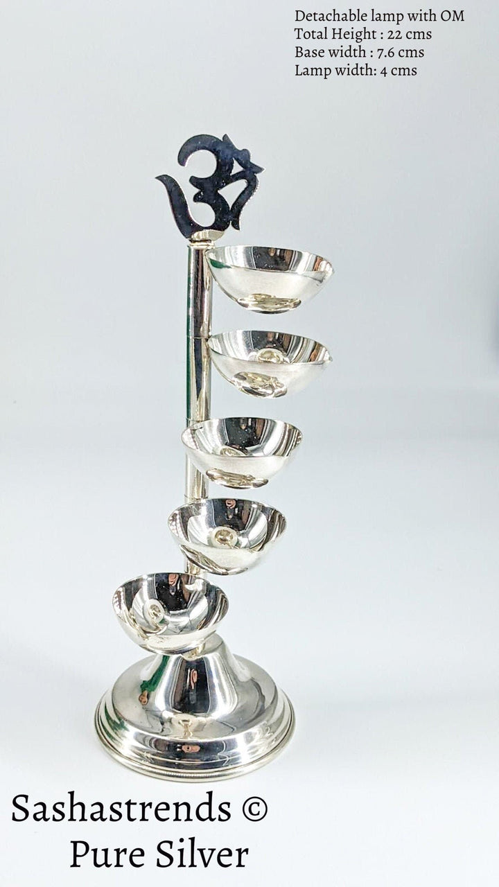 Pure silver 5 layered om diya- pure silver gift items- silver pooja items for home, return gift for navarathri, wedding & housewarming