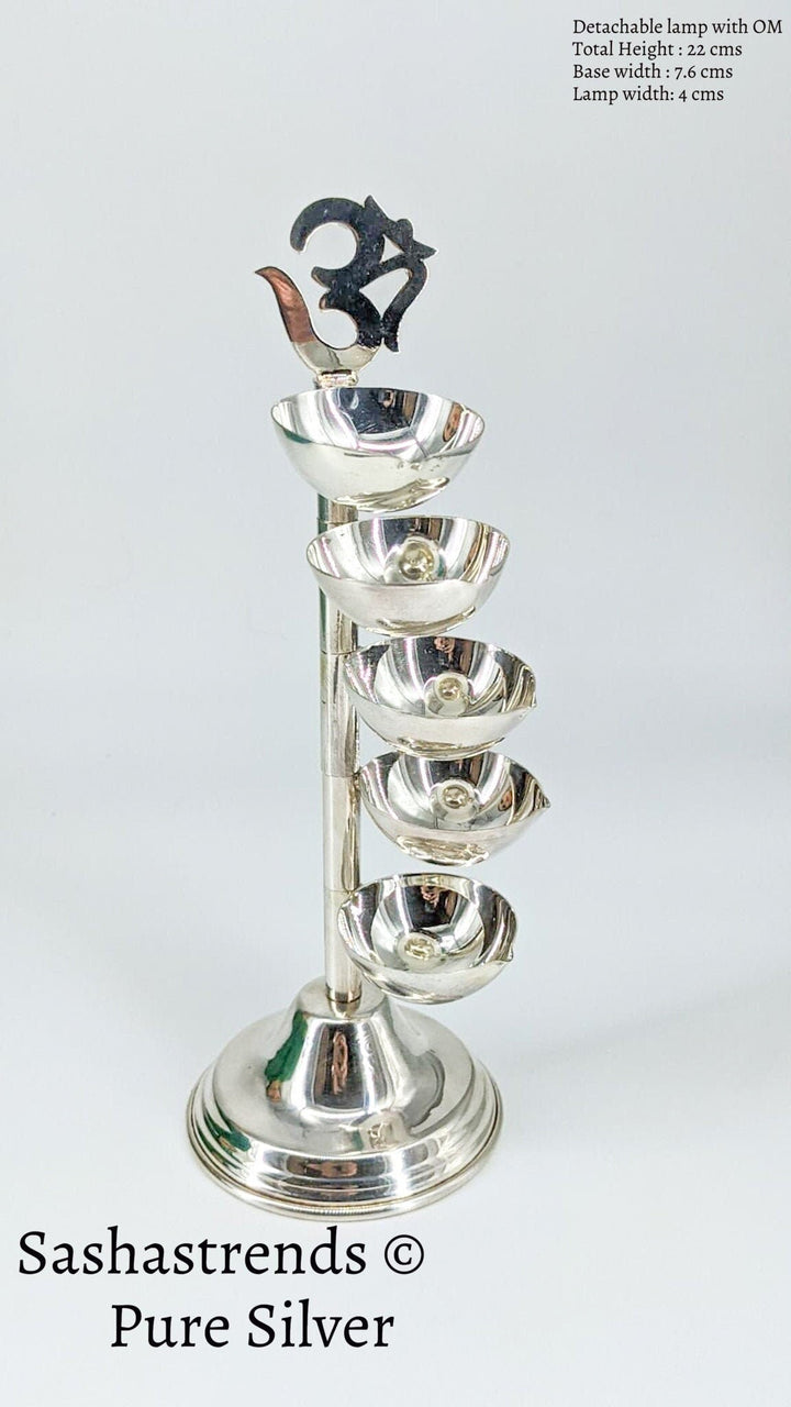 Pure silver 5 layered om diya- pure silver gift items- silver pooja items for home, return gift for navarathri, wedding & housewarming