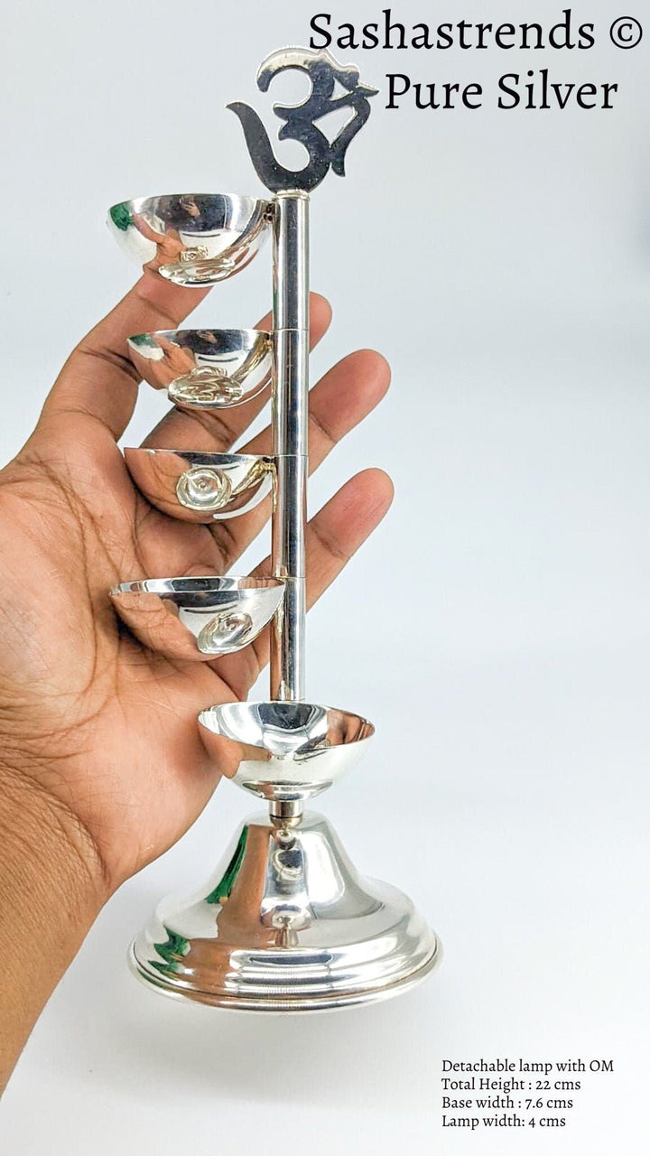 Pure silver 5 layered om diya- pure silver gift items- silver pooja items for home, return gift for navarathri, wedding & housewarming