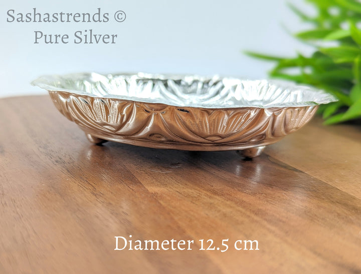 Pure silver plate -12.5 cms diameter- Silver pooja plate - pooja items for home, return gift for navarathri, wedding & housewarming