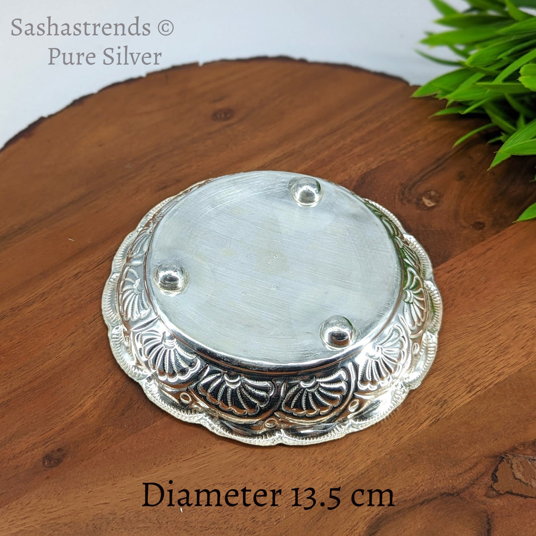 Pure silver plate -13.5 cms diameter- Silver pooja plate - pooja items for home, return gift for navarathri, wedding & housewarming