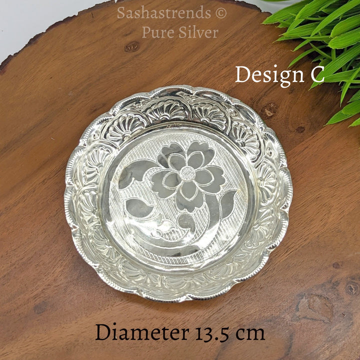 Pure silver plate -13.5 cms diameter- Silver pooja plate - pooja items for home, return gift for navarathri, wedding & housewarming