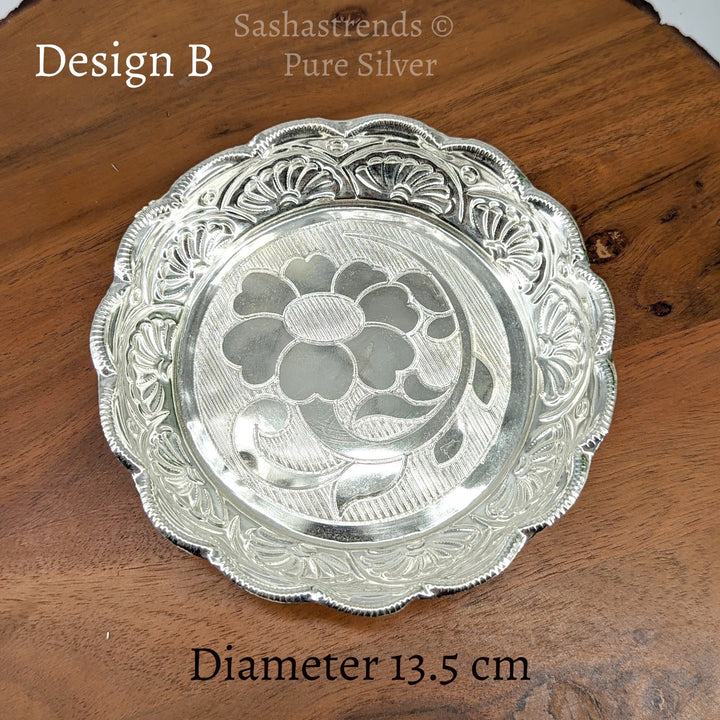 Pure silver plate -13.5 cms diameter- Silver pooja plate - pooja items for home, return gift for navarathri, wedding & housewarming