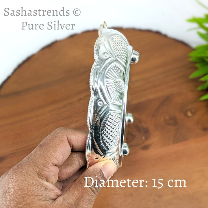 Pure silver plate -15 cms diameter- Silver pooja plate - pooja items for home, return gift for navarathri, wedding & housewarming