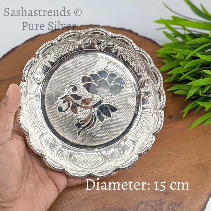 Pure silver plate -15 cms diameter- Silver pooja plate - pooja items for home, return gift for navarathri, wedding & housewarming