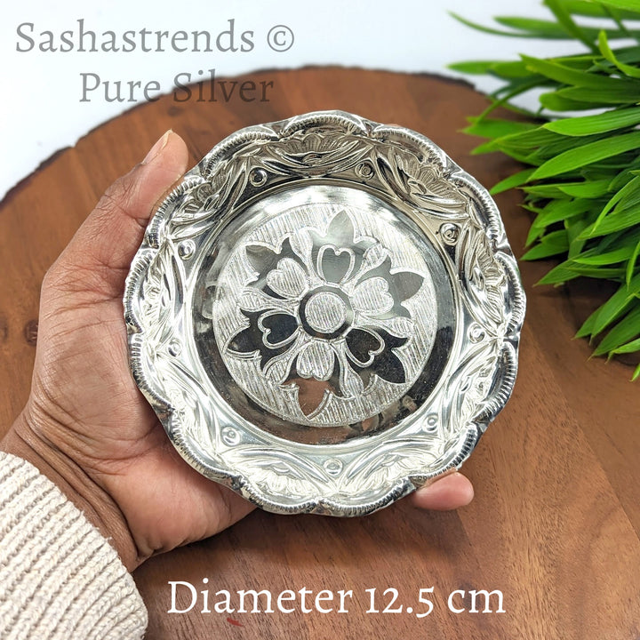 Pure silver plate -12.5 cms diameter- Silver pooja plate - pooja items for home, return gift for navarathri, wedding & housewarming