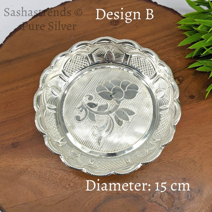 Pure silver plate -15 cms diameter- Silver pooja plate - pooja items for home, return gift for navarathri, wedding & housewarming