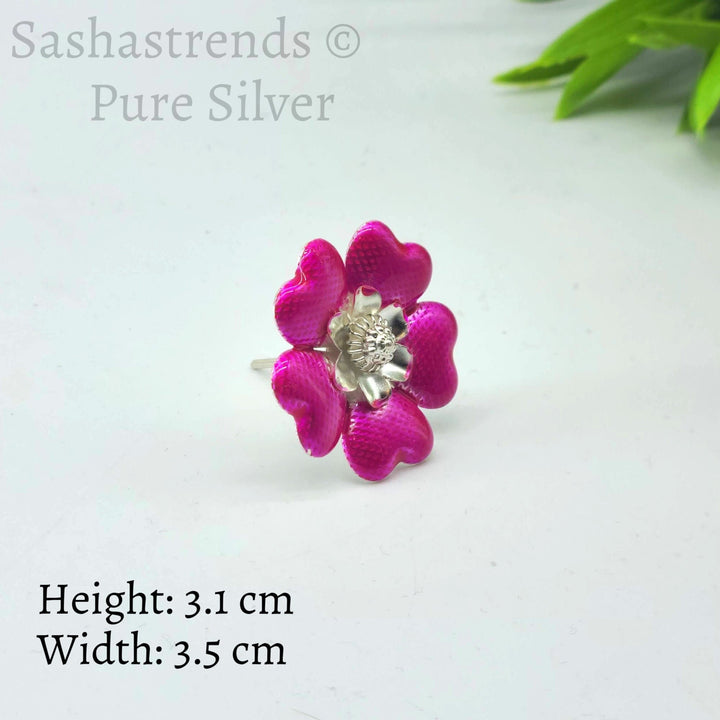 Silver flower- pink enamel flower -Silver Pooja Items for Home, Return Gift for Navarathri, Wedding, & Housewarming