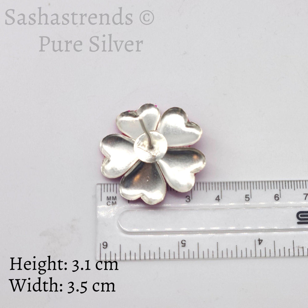 Silver flower- pink enamel flower -Silver Pooja Items for Home, Return Gift for Navarathri, Wedding, & Housewarming