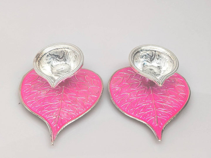 Pink enamel silver diya/lamp - pure silver gift items- silver pooja items for home, return gift for navarathri, wedding and housewarming